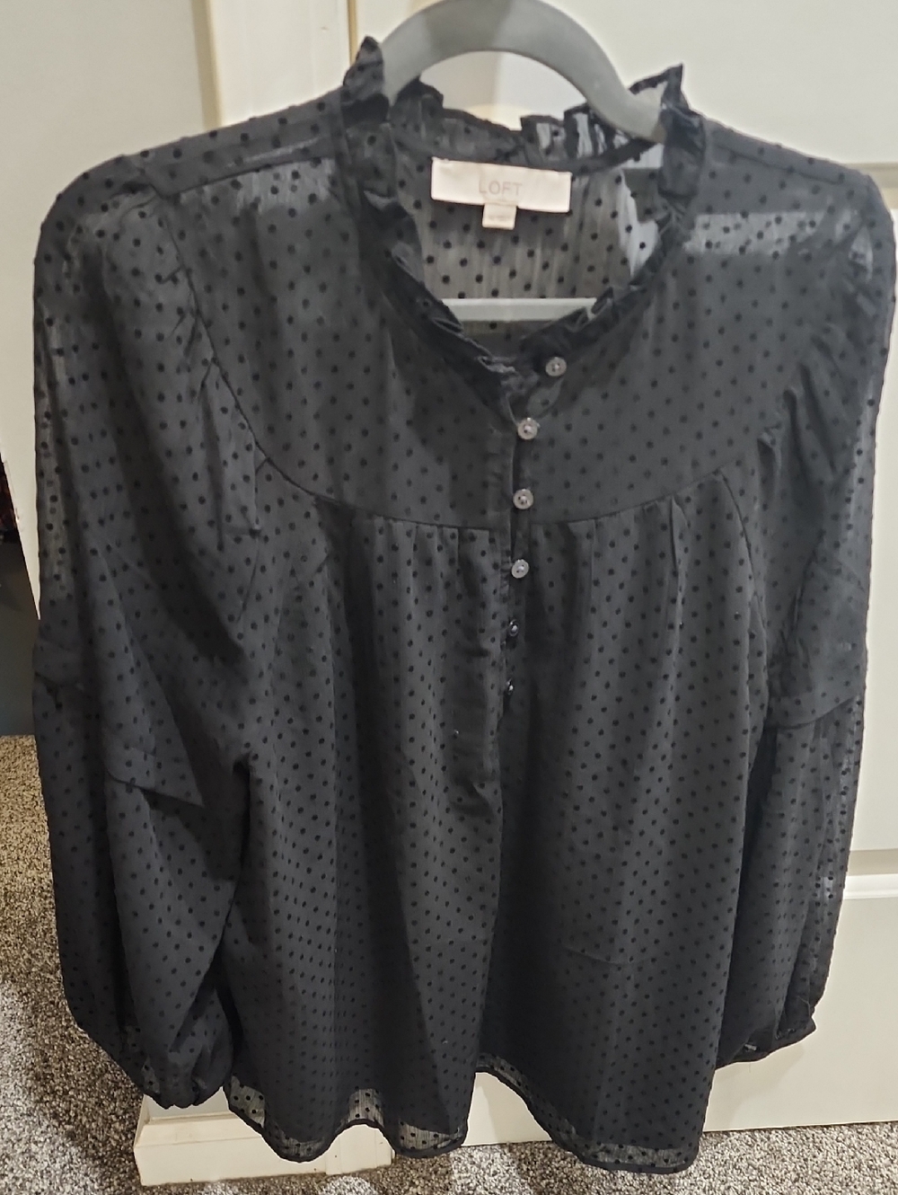 LOFT Black Sheer Swiss Dot Ruffle-Neck Blouse